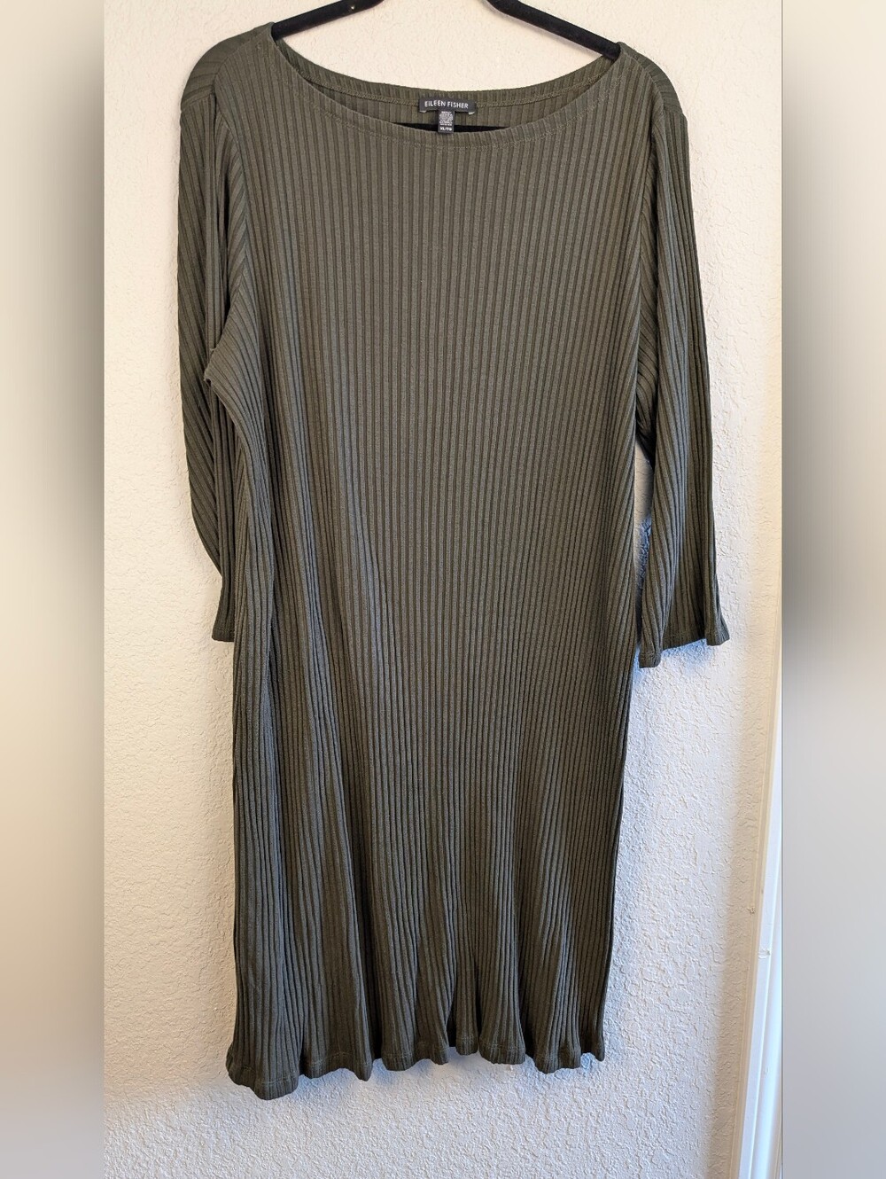 Eileen Fisher Stretch Knit Midi Dress XL Olive Green LS Good Condition